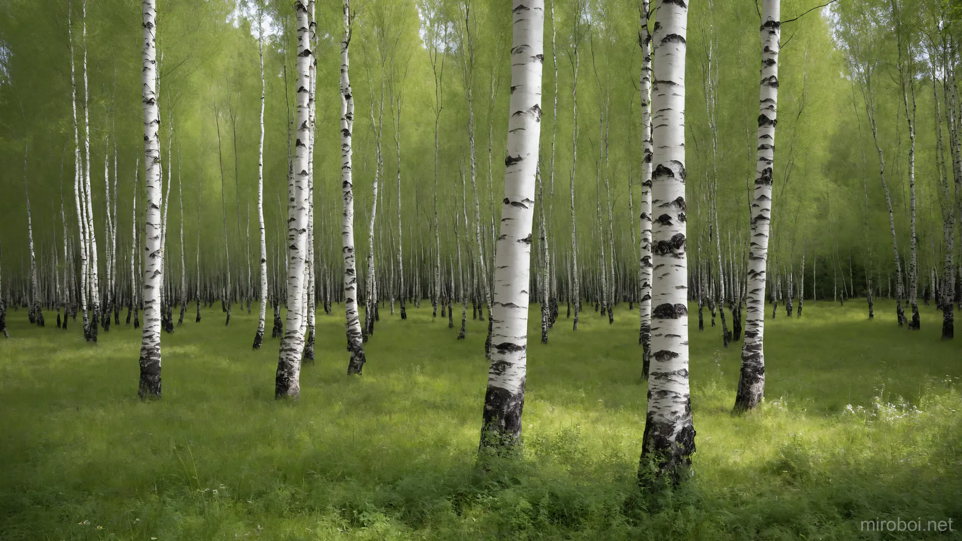 Bright Birch Forest with Green Grass Floor