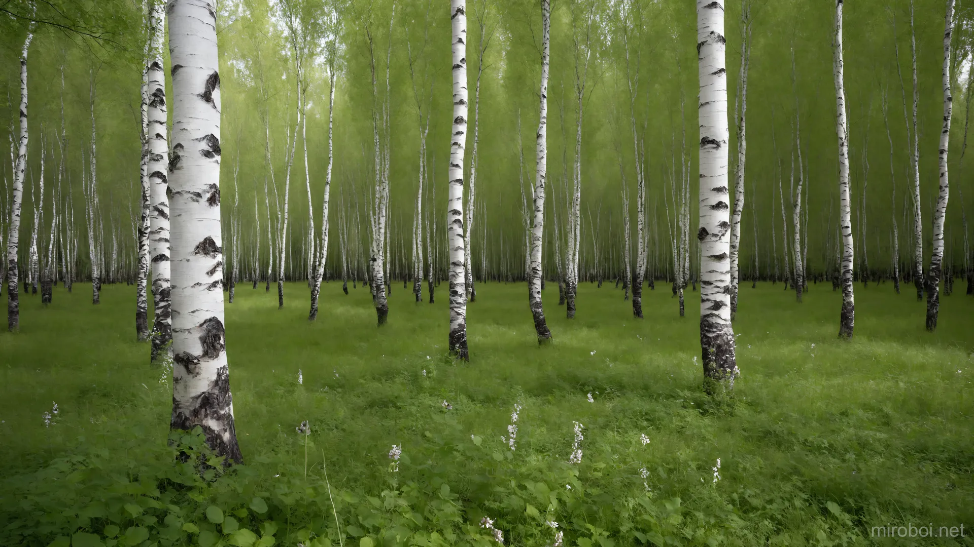 Birch Grove with Delicate Wildflowers