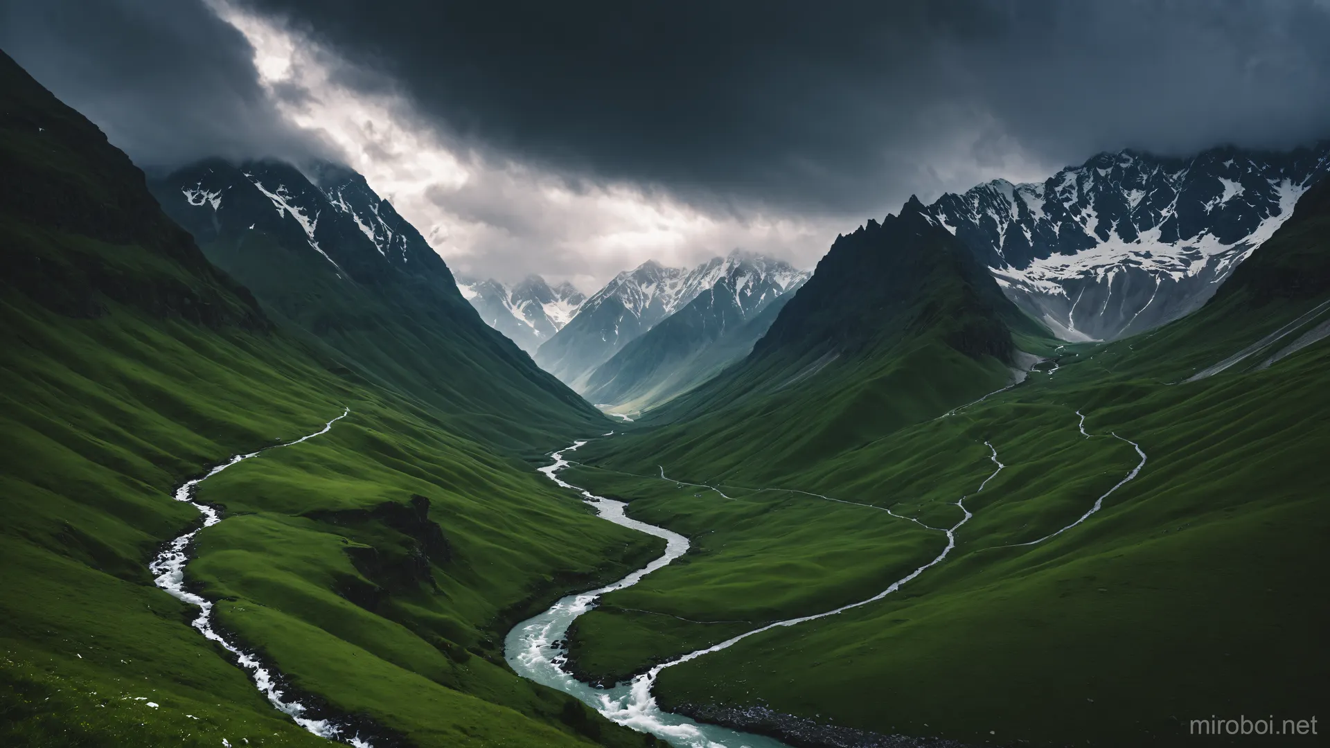 Green Caucasus Valley with Winding River