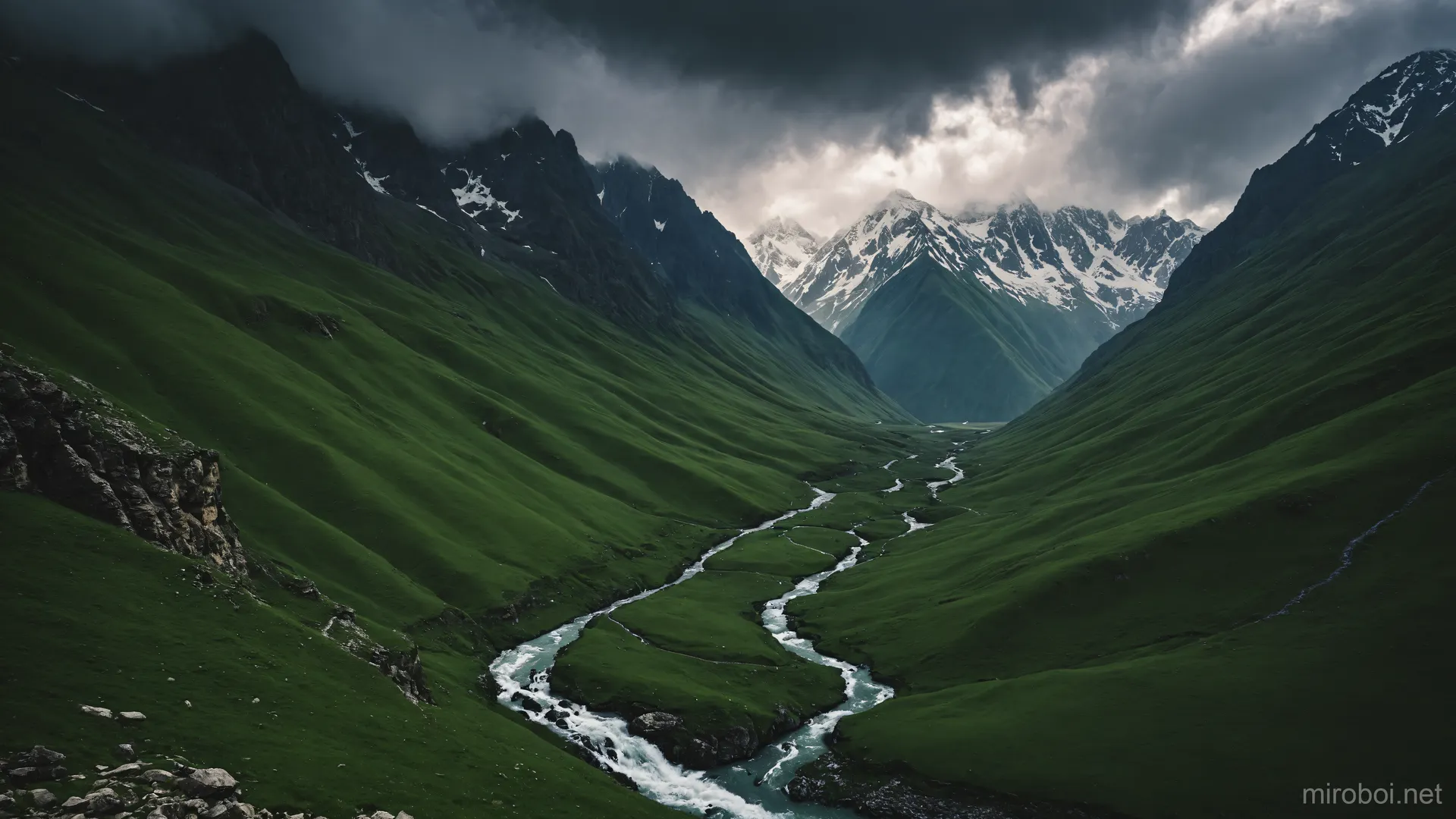 Caucasus Mountain Gorge Under Stormy Sky
