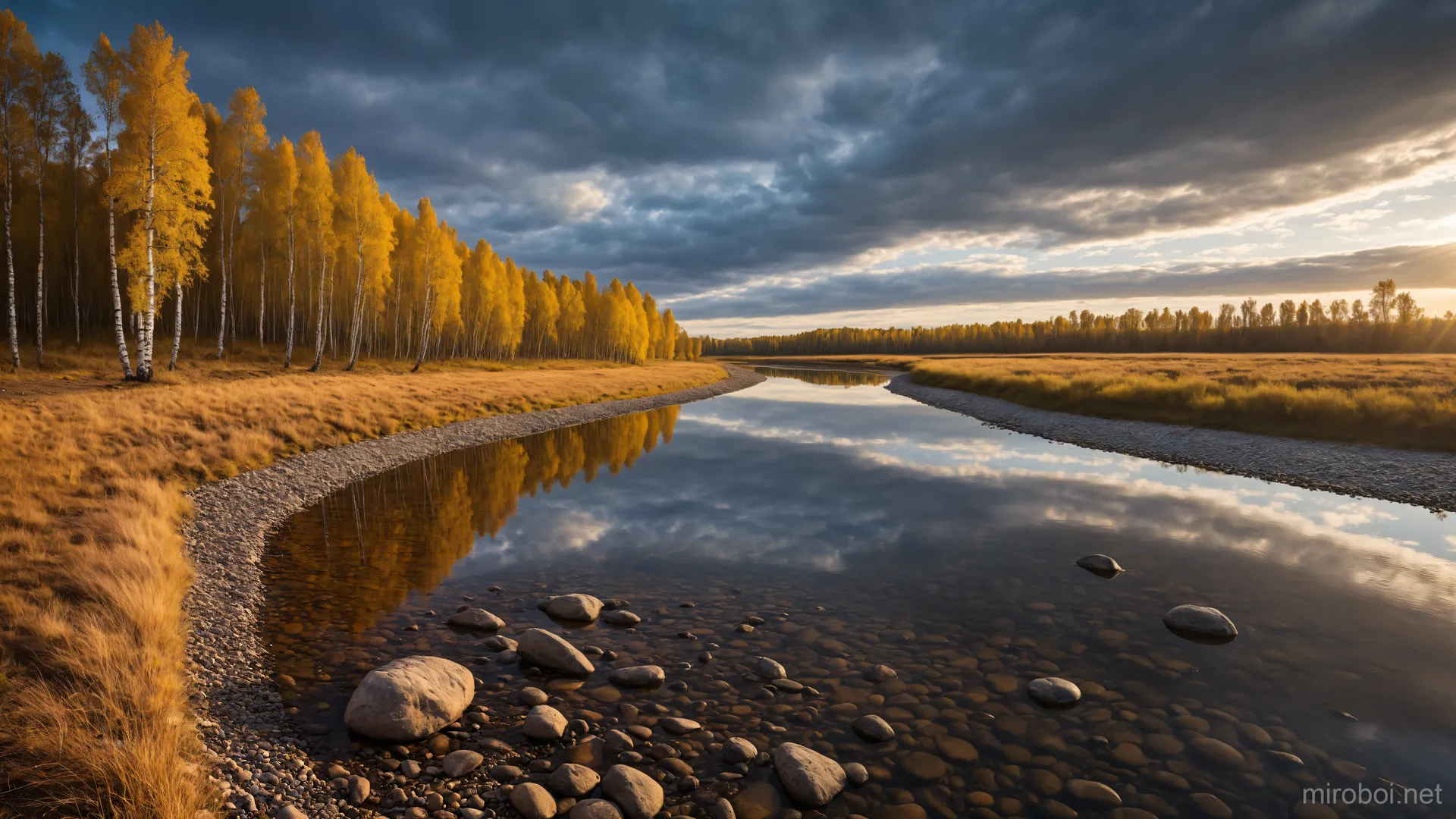 Clear River Water and Stony Shore in Autumn