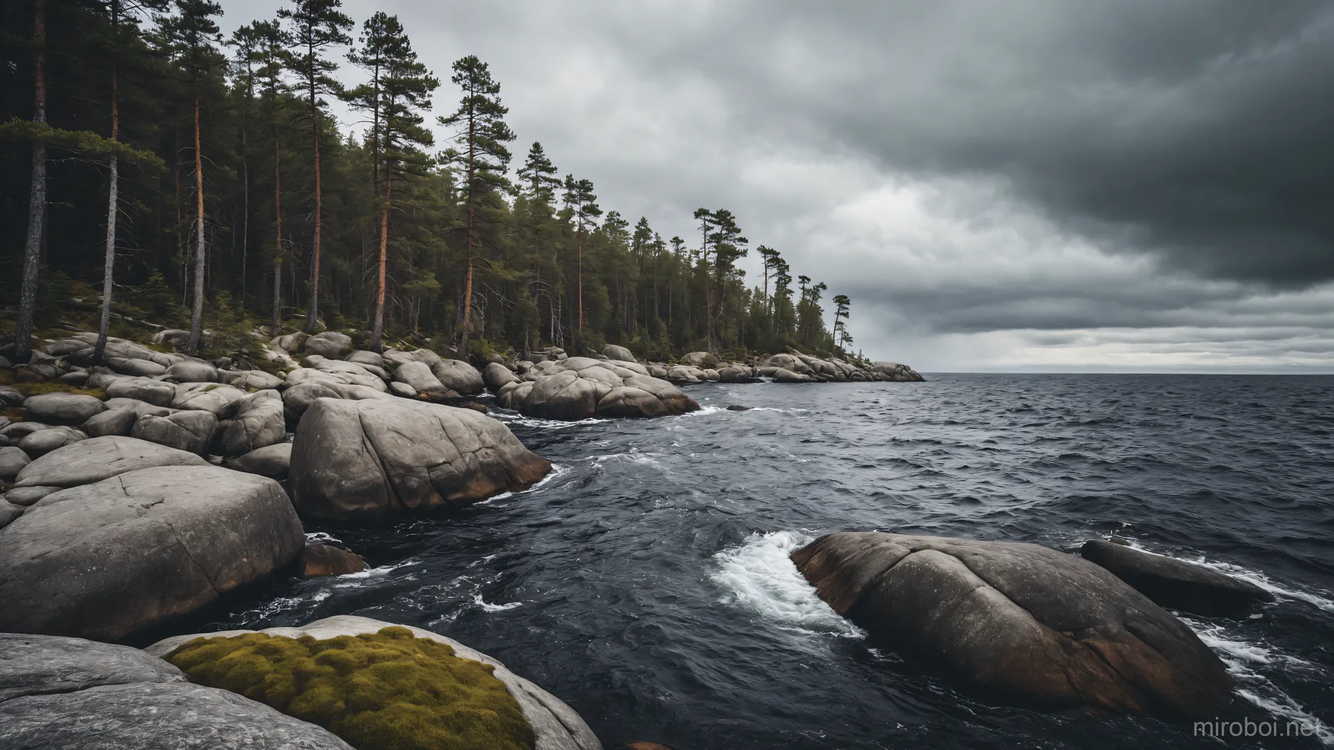 Dramatic Rocky Shore Under Stormy Sky