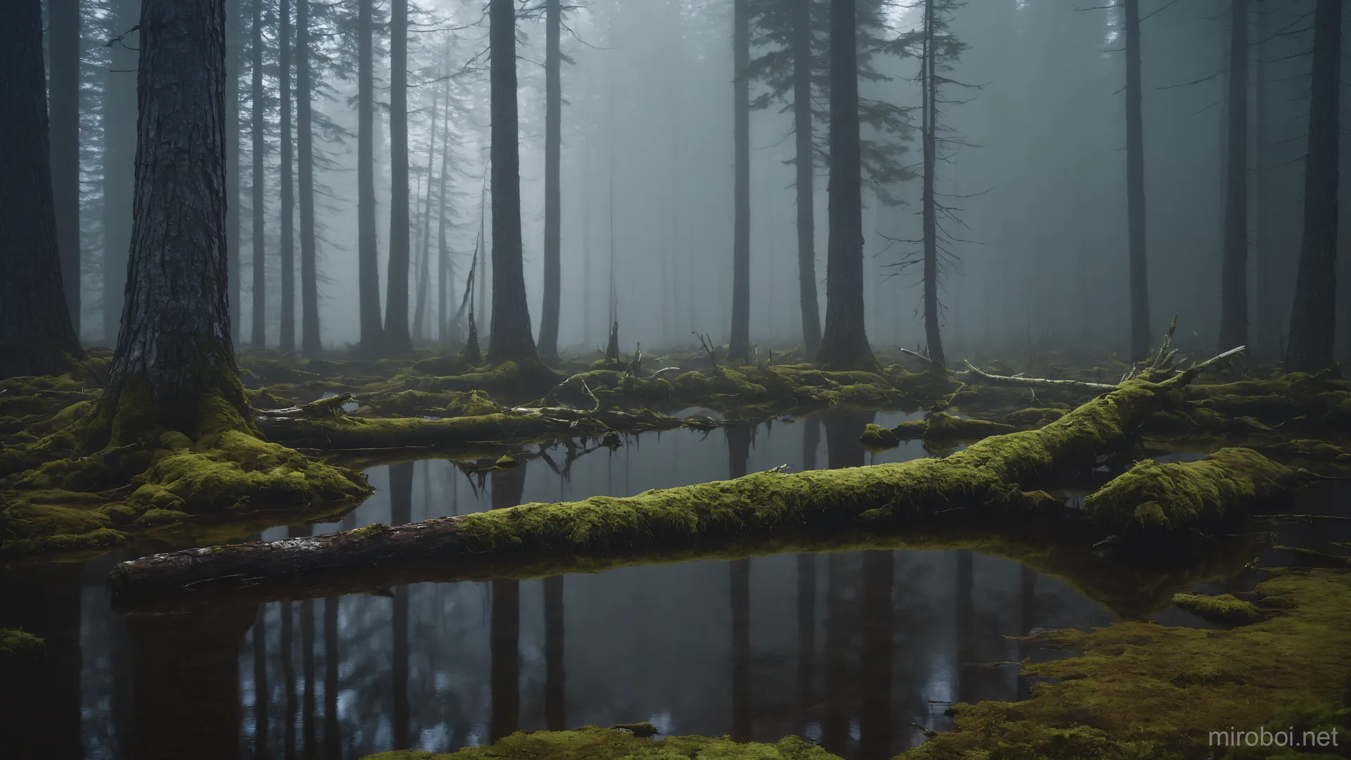 Moss-Covered Tree Trunks in the Foggy Bog