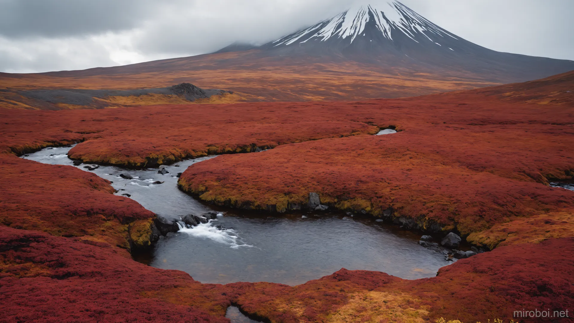 Red Tundra and Volcano in Kamchatka