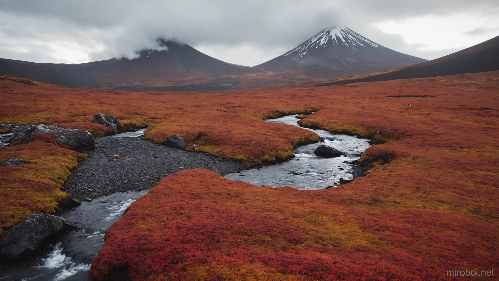 Twin Volcanoes in the Kamchatka Tundra