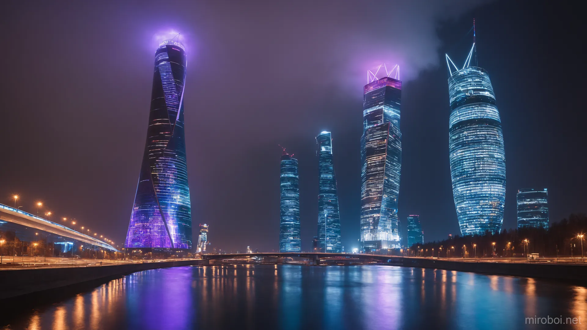 Moscow Skyscrapers in Purple Night Fog