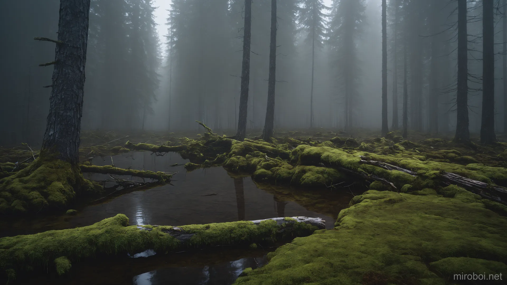 Mystical Swamp Forest in Dense Fog