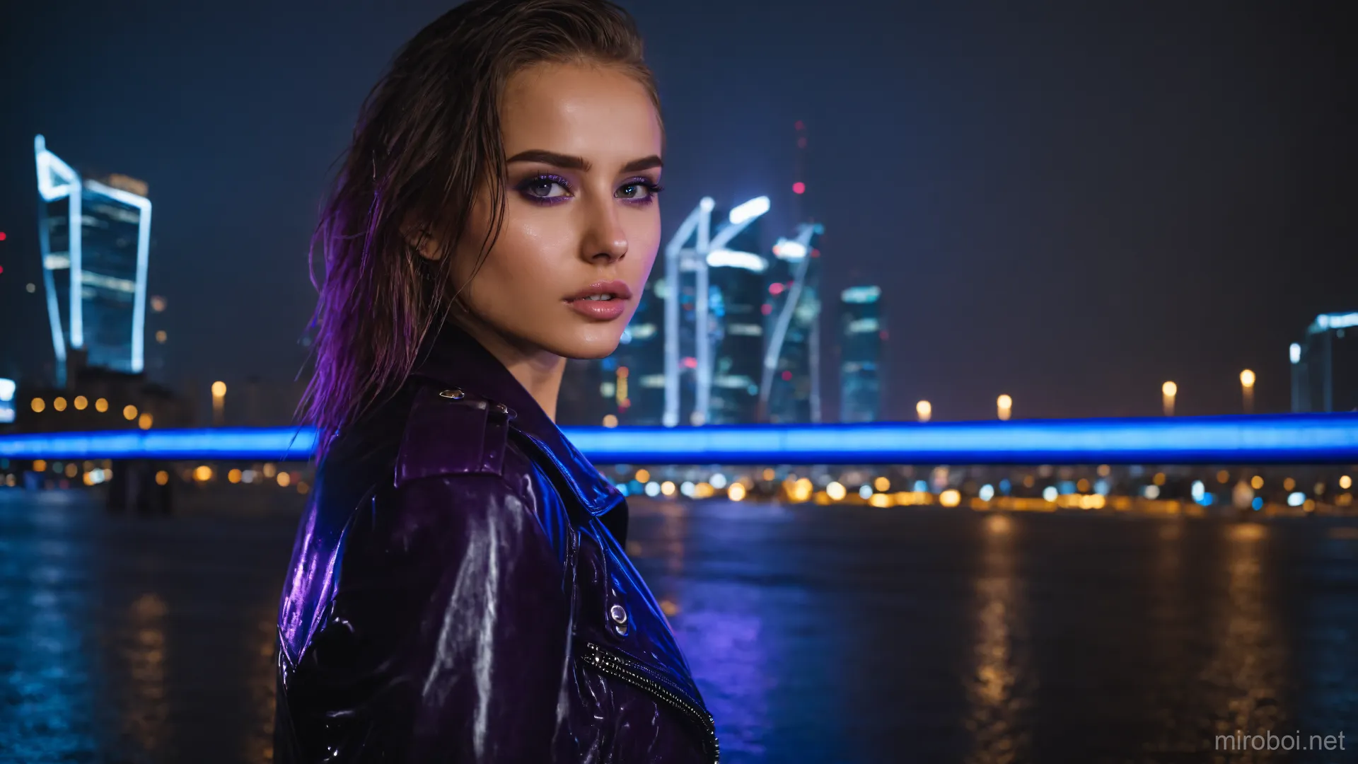 Woman in Leather Jacket Against Night City Skyline