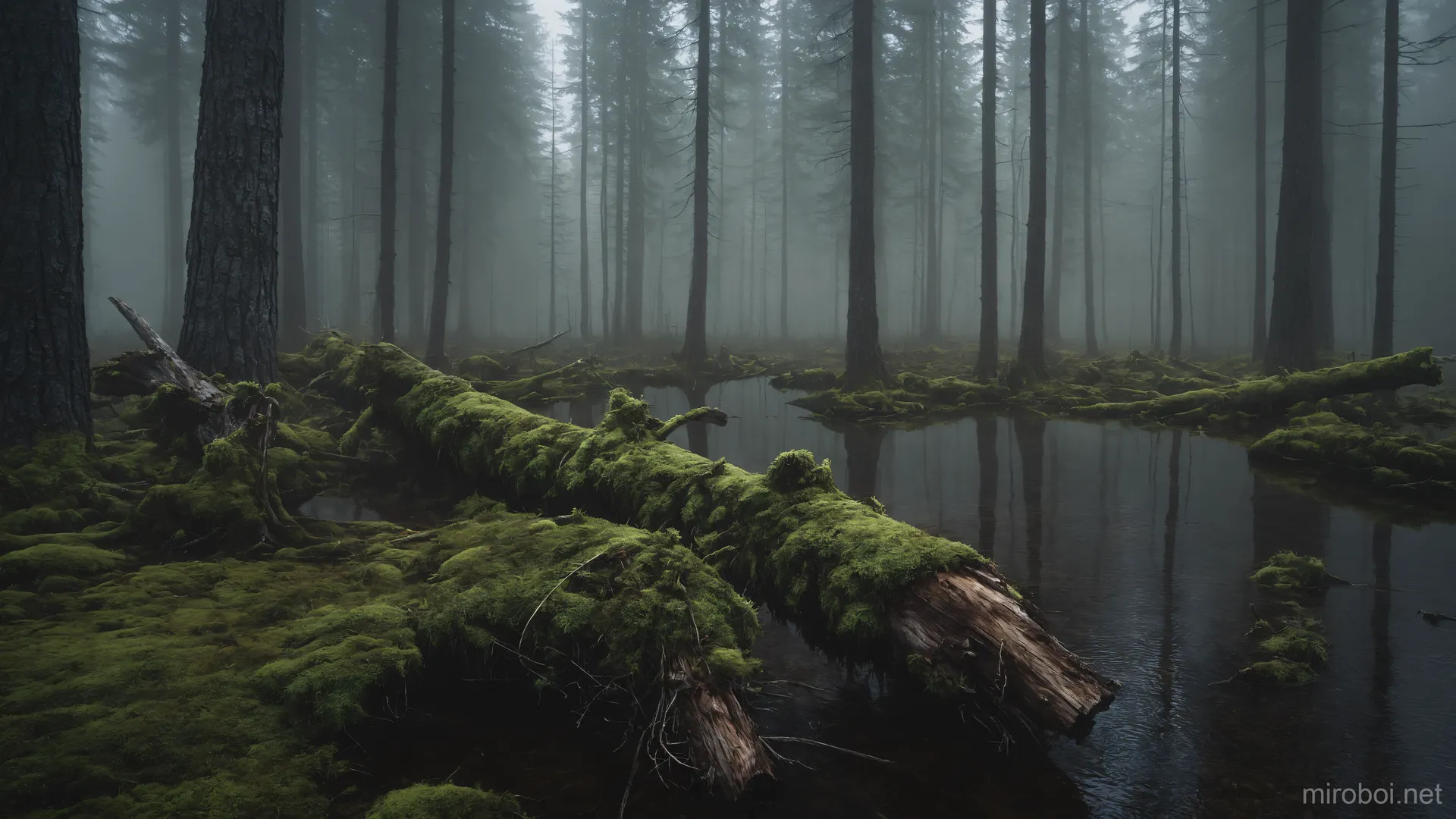 Primeval Forest Swamp with Mossy Tree Giants