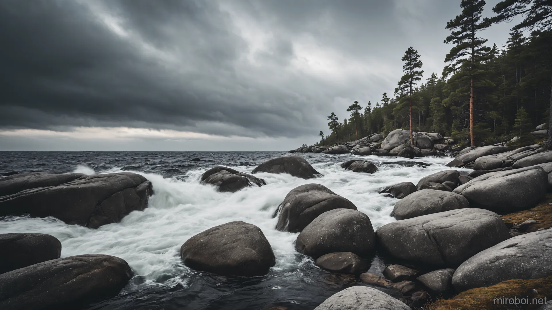 Rushing Waves on Rocky Forest Coast