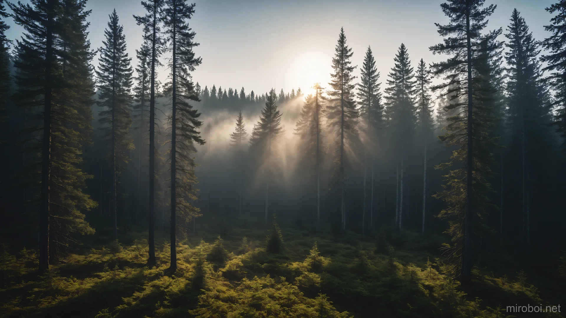 Sunbeams in the Autumn Taiga Forest