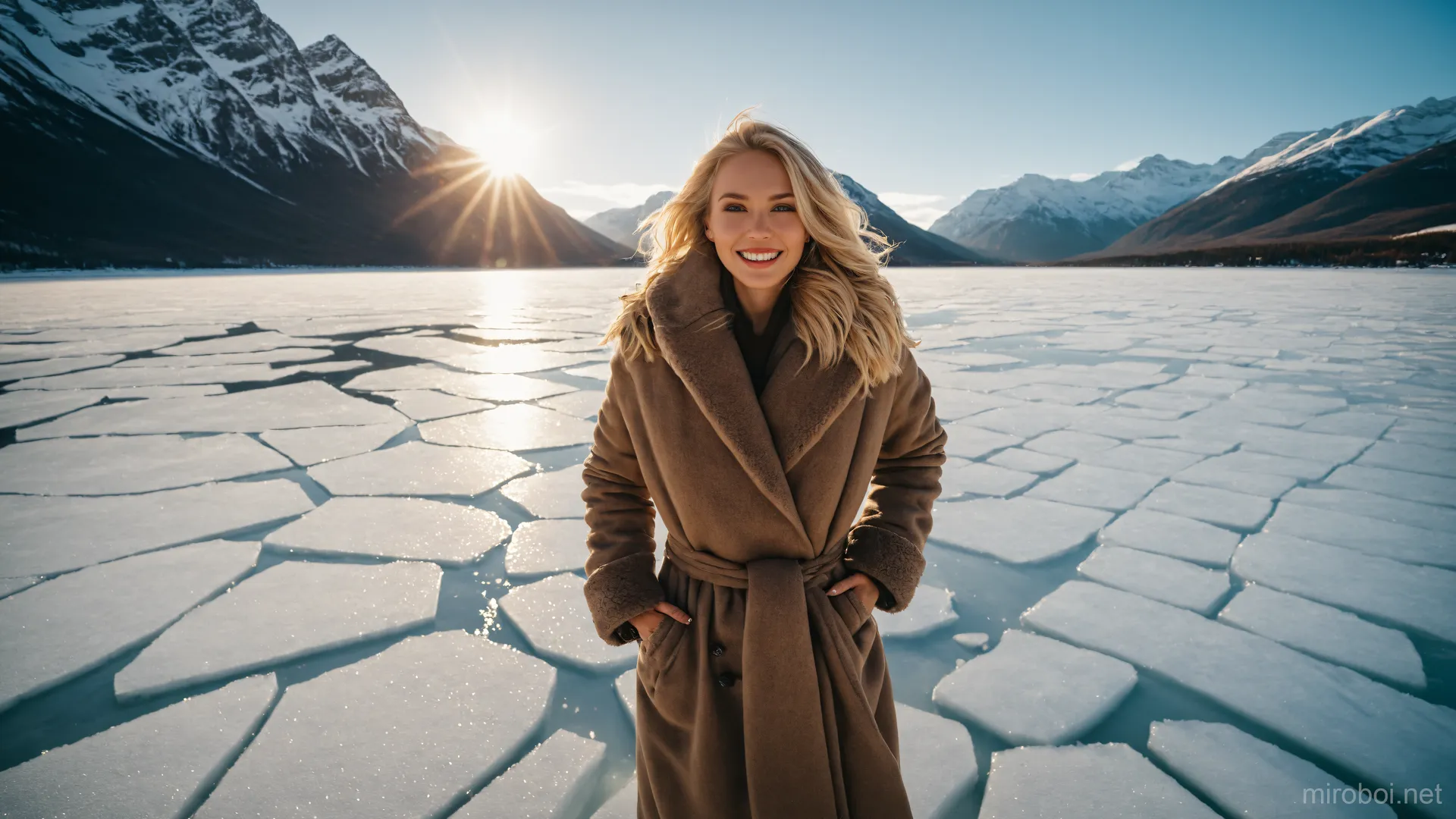 Smiling Woman on a Frozen Mountain Lake
