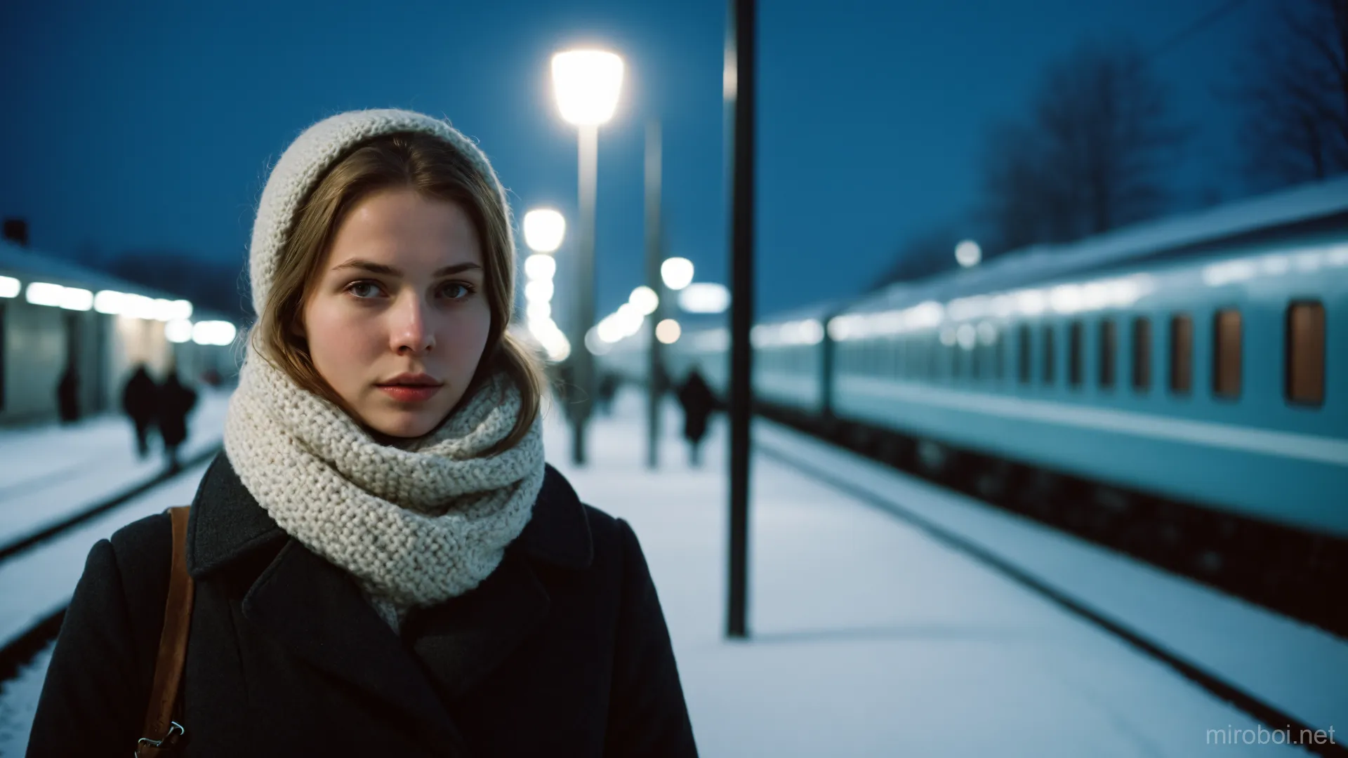 Woman at Snowy Train Station at Night