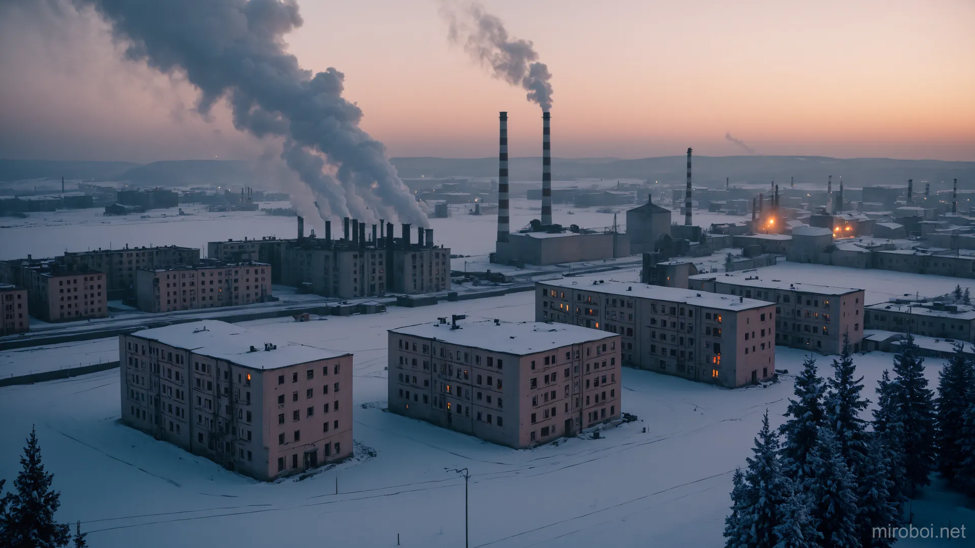 Snowy Industrial City at Dusk