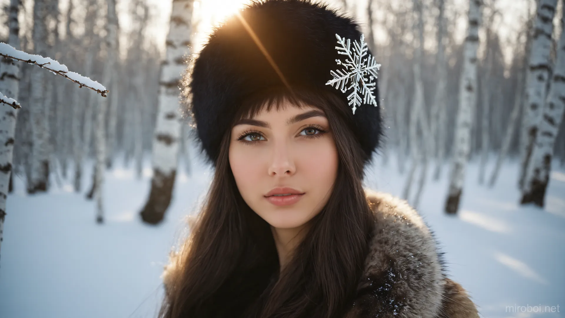Winter Portrait in Birch Forest with Fur Hat